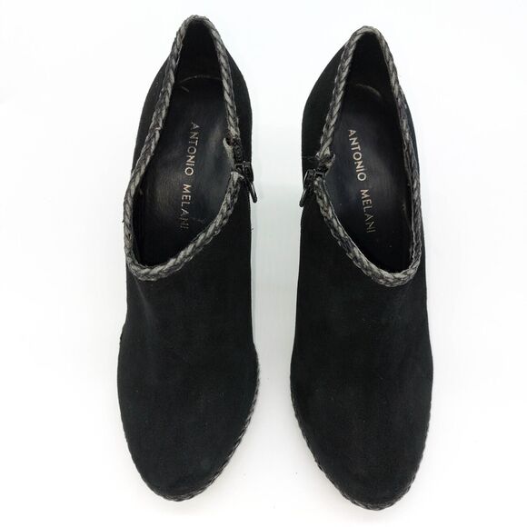 Antonio Melani Ankle Booties Sz 7M Black Heels Dante Suede Braided Trim Detail - Picture 5 of 12